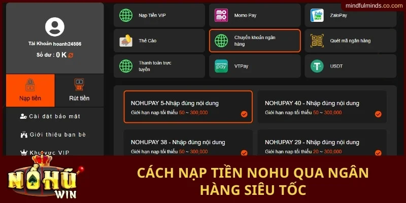 Cách nạp tiền Nohu qua ngân hàng siêu tốc